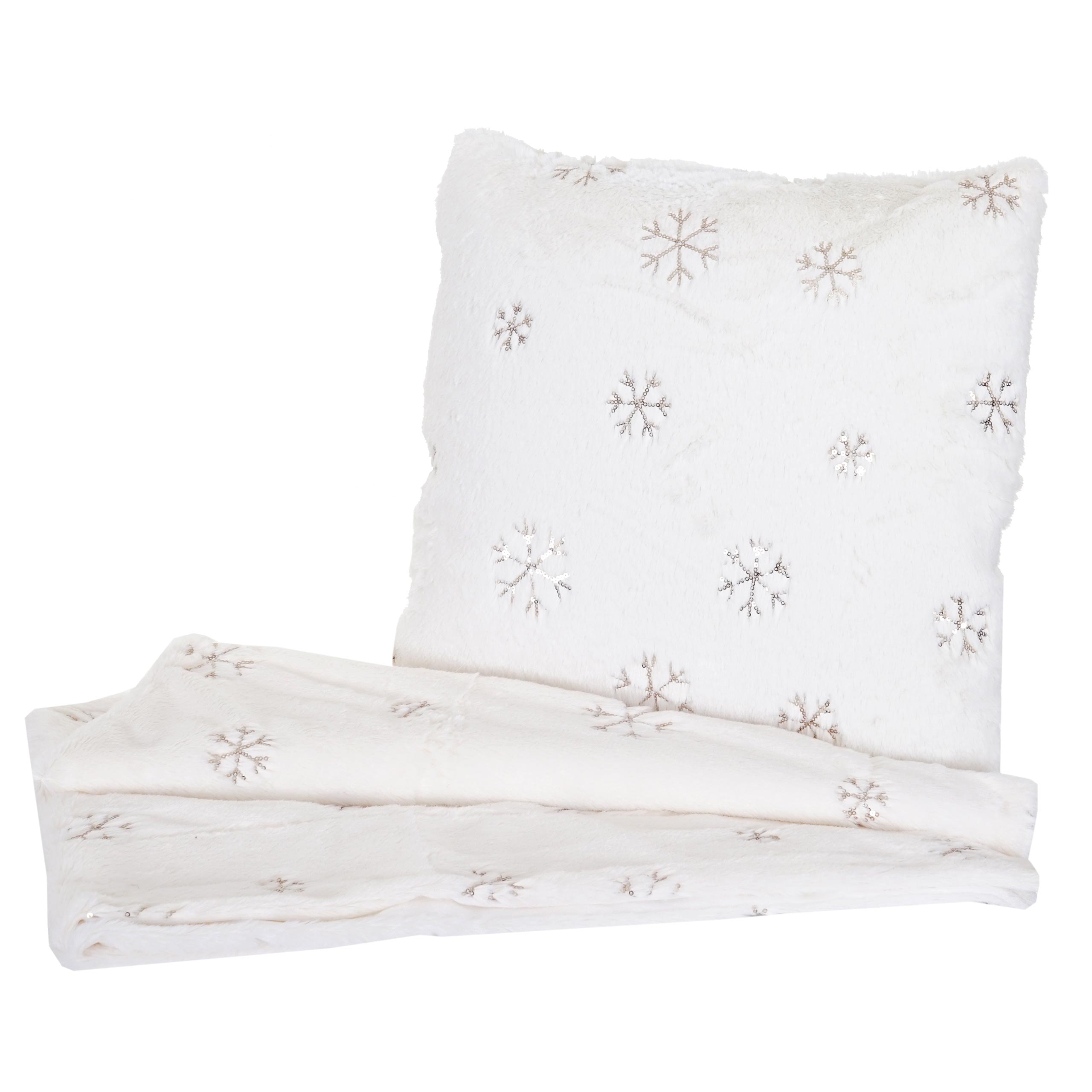 Set Kuscheldecke + Deko-Kissen Schnee, Wohndecke Sofadecke Zierkissen+Füllung, flauschig Pailletten