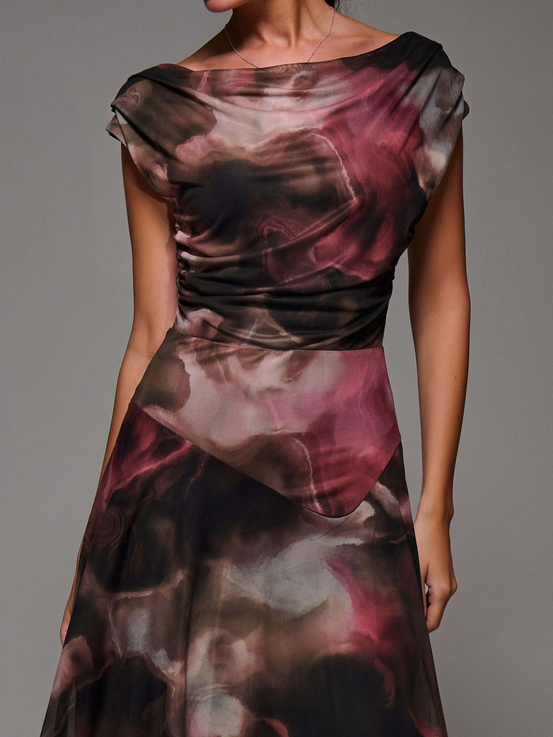 Bruin - Jolie Moi Mesh Asymmetrical Draped Maxi Dress
