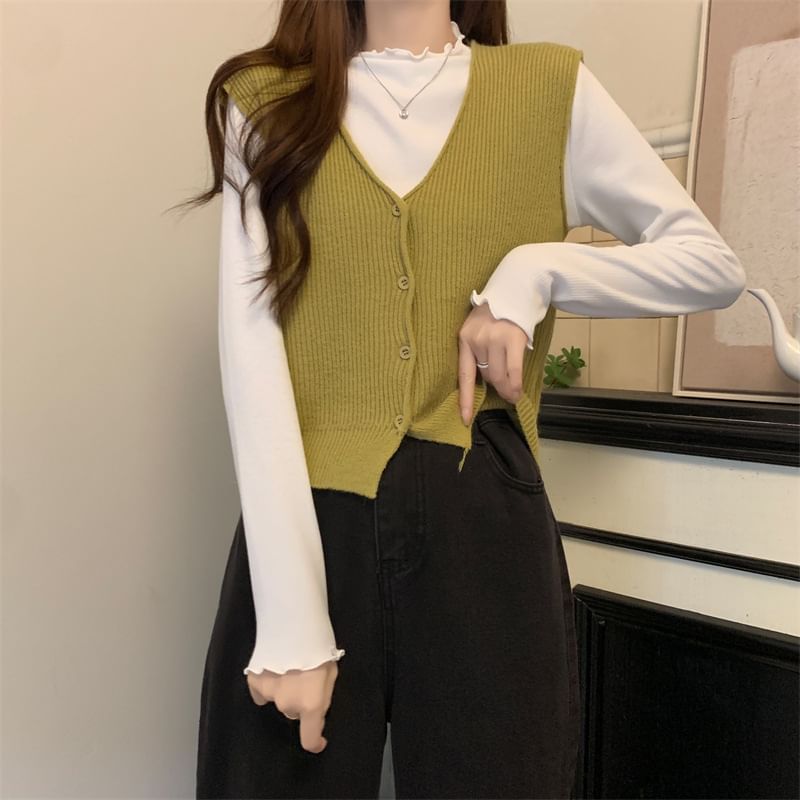 Allinya - V-hals geribbeld vest met knoopjes