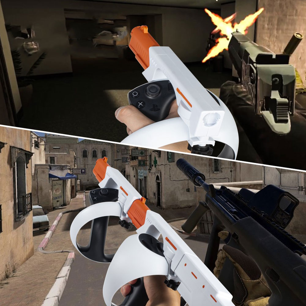 2 in 1 Sony PlayStation VR2 Gaming Gun Aufsatz für Controller Gamepad mit Schultergurt - Weiss / Orange