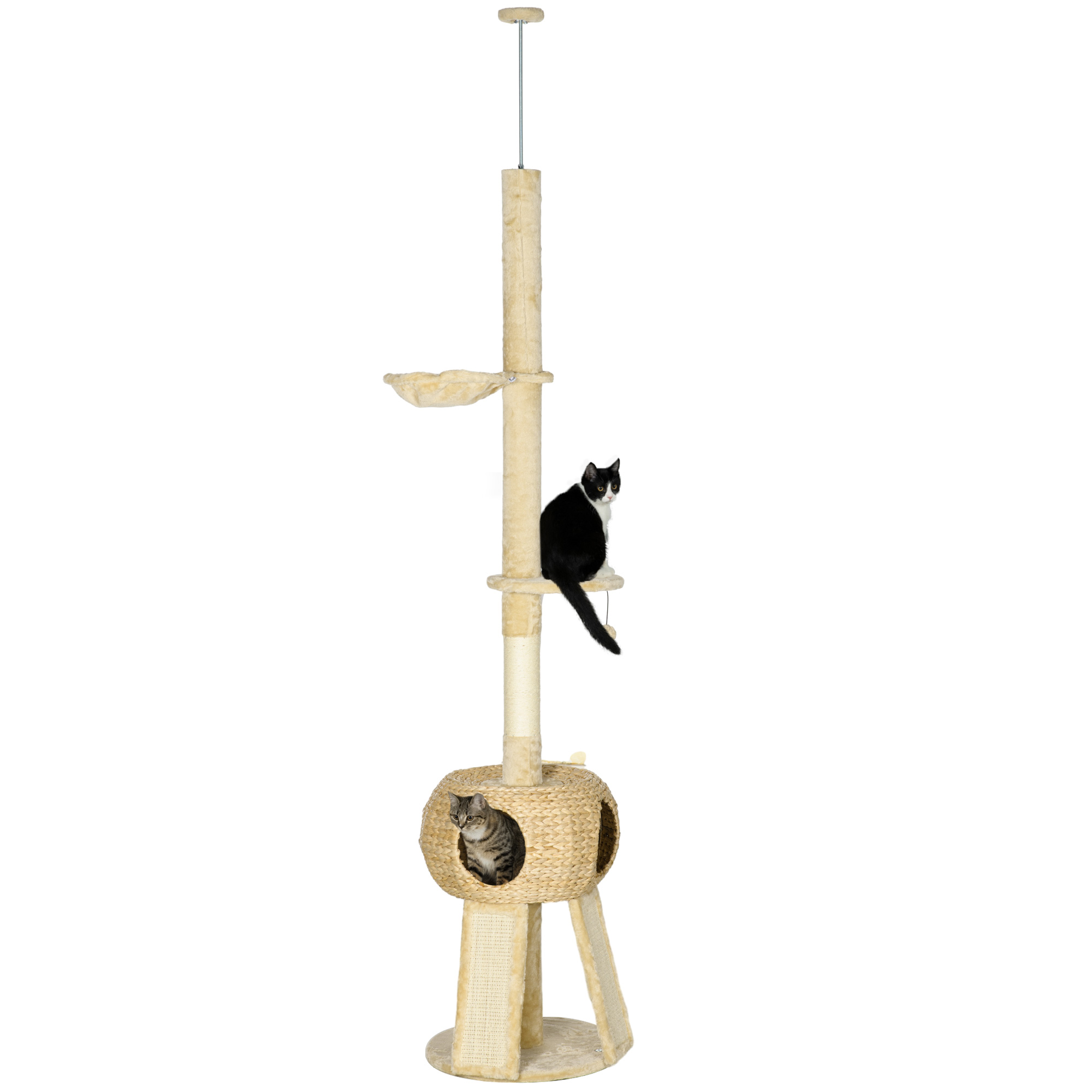Árvore para gatos PawHut do chão ao teto, 225-255 cm, torre ajustável em altura com caverna, plataformas, rede, postes para arranhar, rampas e bolas penduradas, Ø48x225-255 cm, bege