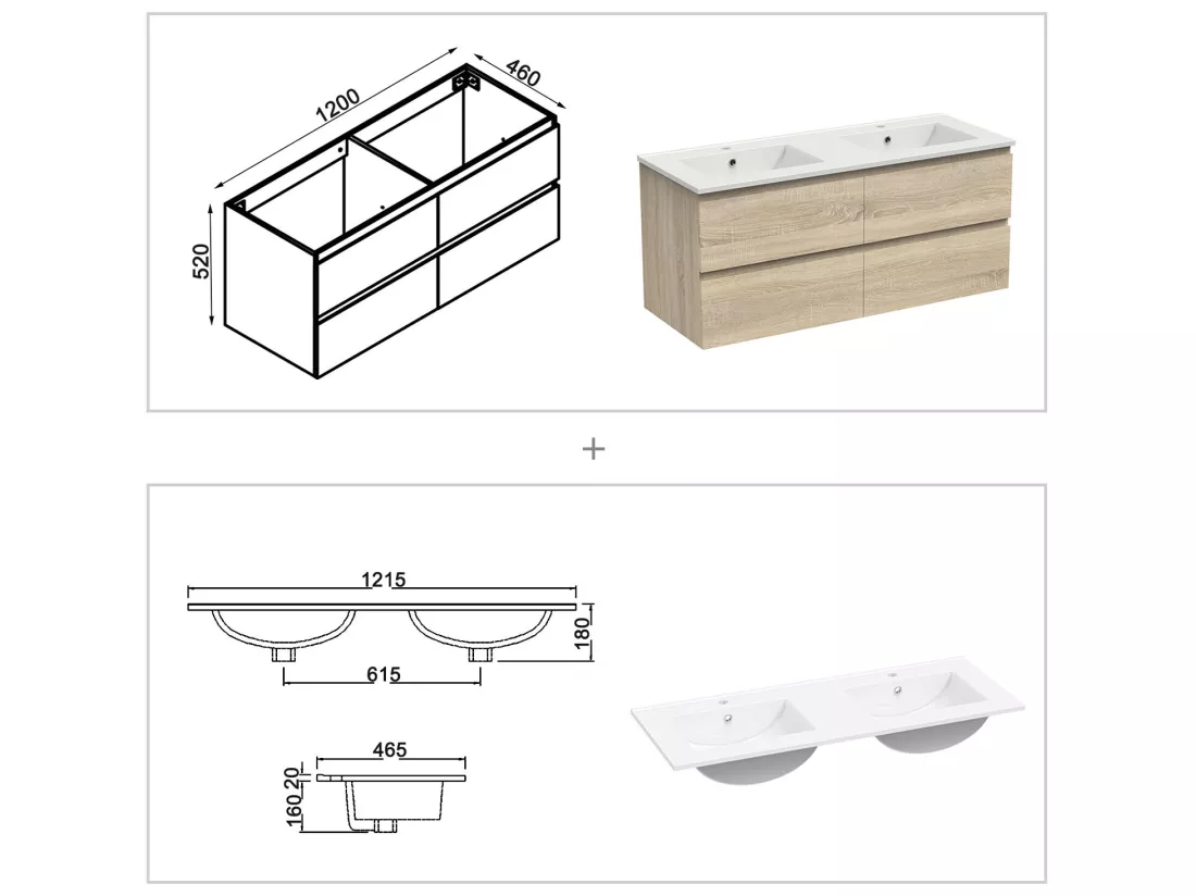Ensemble meubles Salle de Bain 120cm vasque + colonne + miroir lumineux Chêne Wotan - Aica