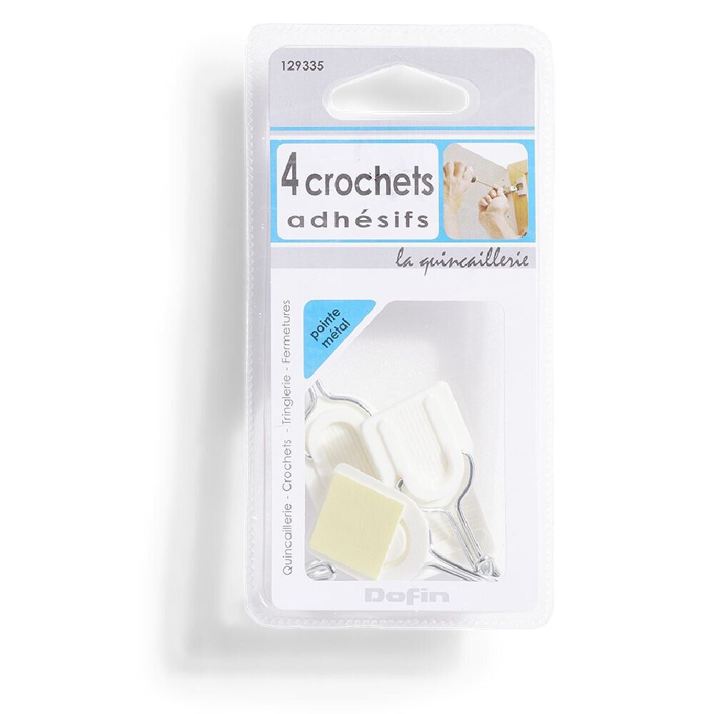 4 crochets adhésifs en plastique avec pointe métal - 30x25 mm