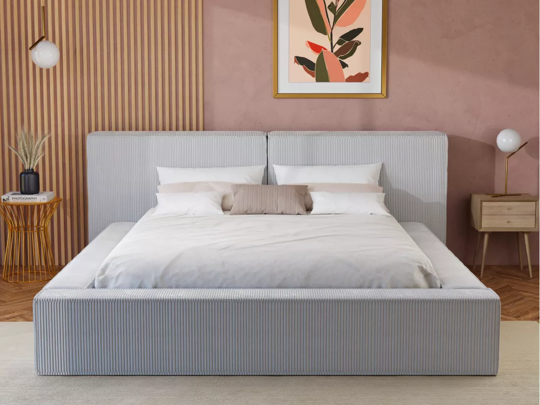 Lit coffre 180 x 200 cm - Velours côtelé - Gris clair + Matelas - TIMANO de Pascal Morabito