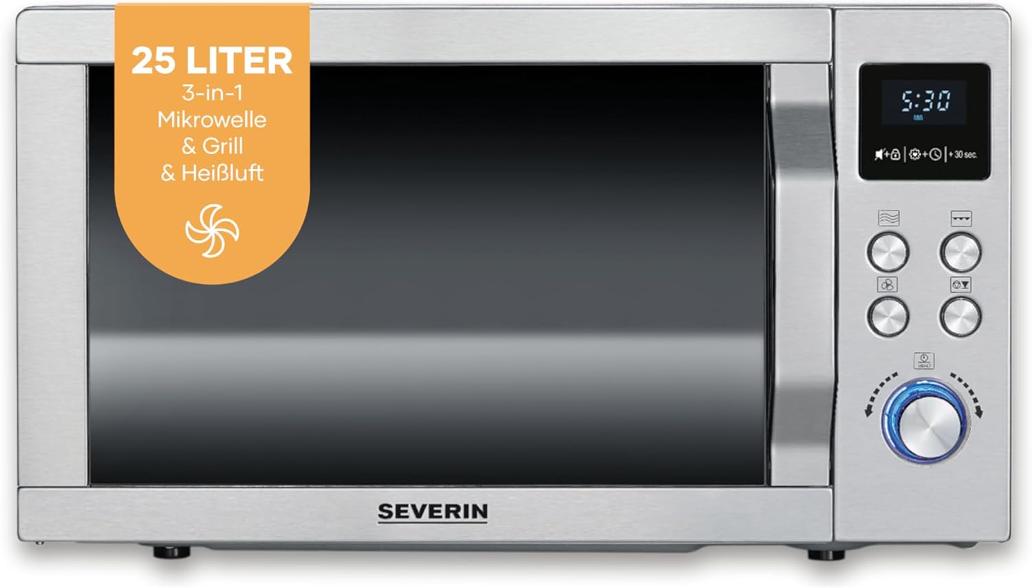 SEVERIN Mikrowelle mit Grill und Heißluftfunktion 3-in-1, zum Auftauen, Garen und Erhitzen, Mikrowelle mit Drehteller, Edelstahl-gebürstet/silber, MW 7774