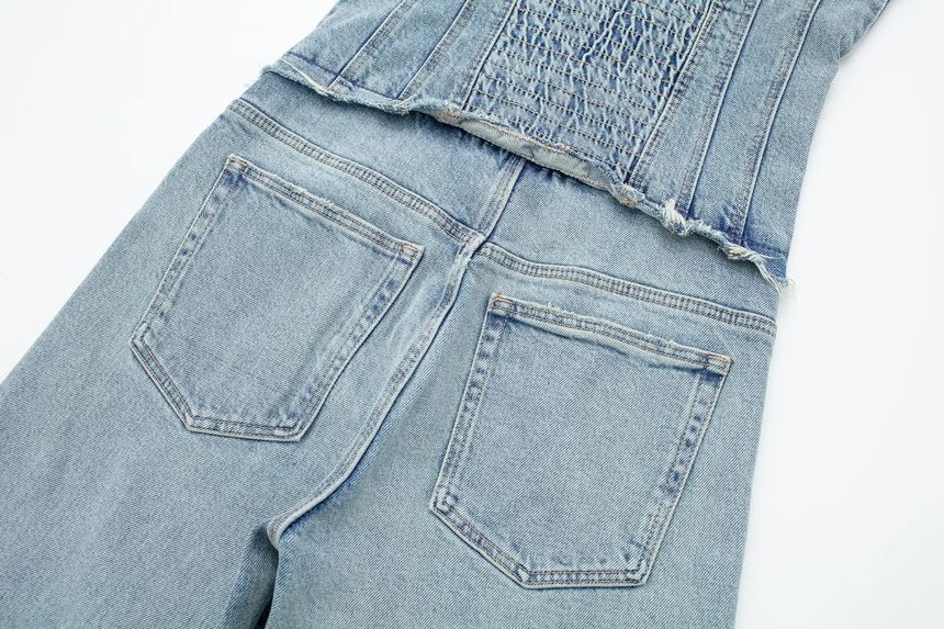 Avauntgardo - Strapless denim jumpsuit met wijde pijpen en wassing