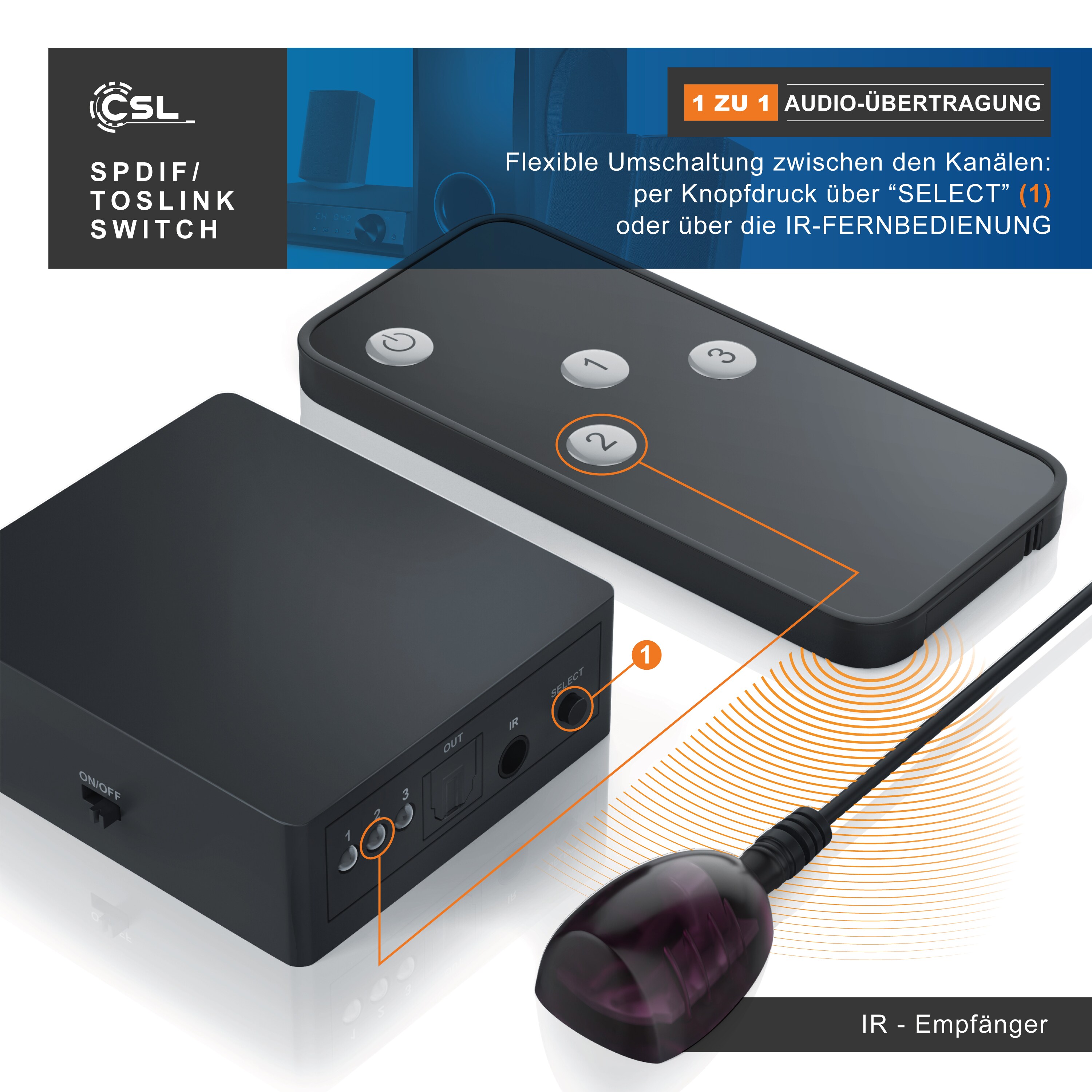 CSL 3x1 SPDIF Switch, Audio Umschalter mit Fernbedienung, 3x Toslin zu 1x Toslink