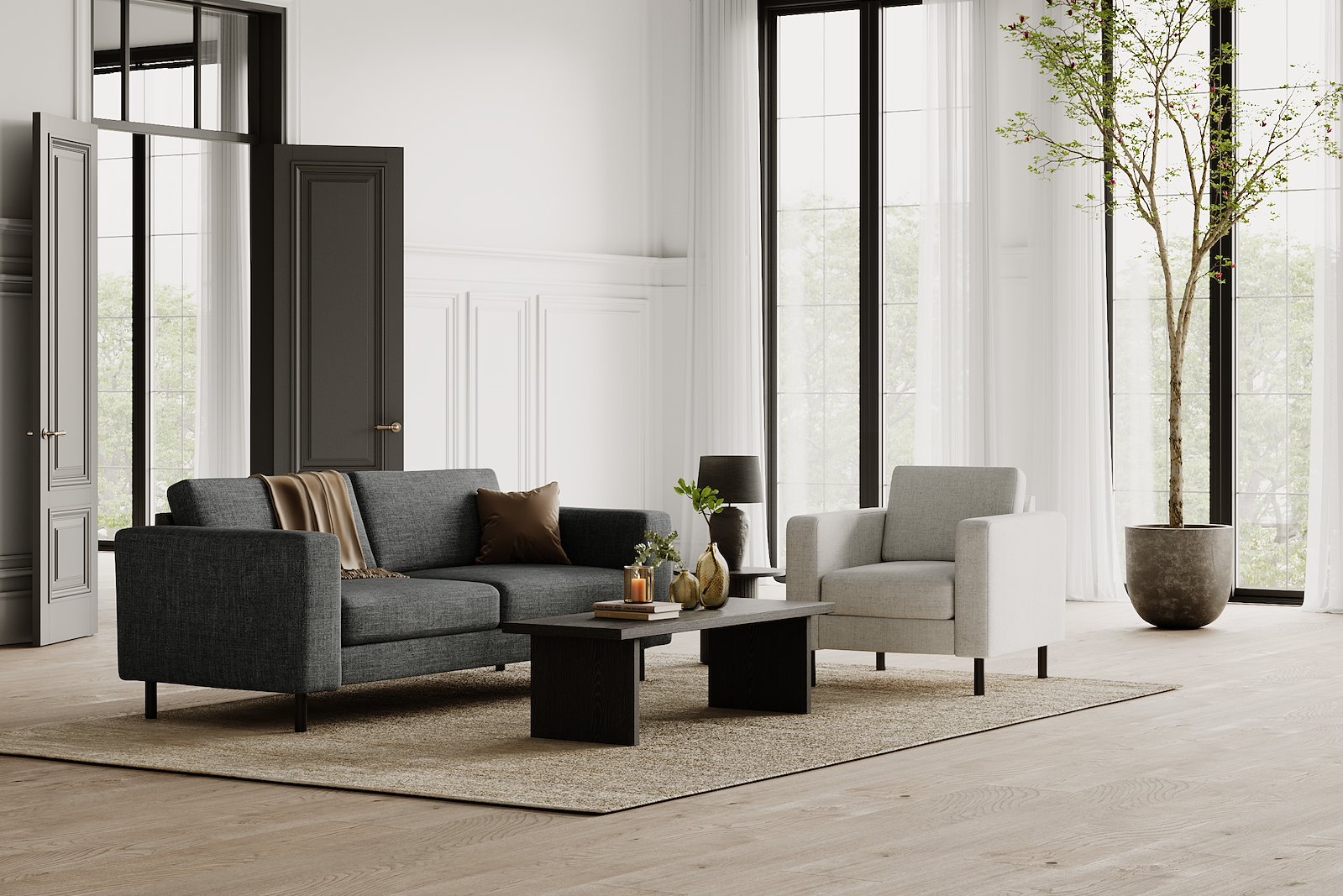 Viken 3-seter Tekstil Thor 5 Brown. Arm A og sorte eikeben. Skumkomfort