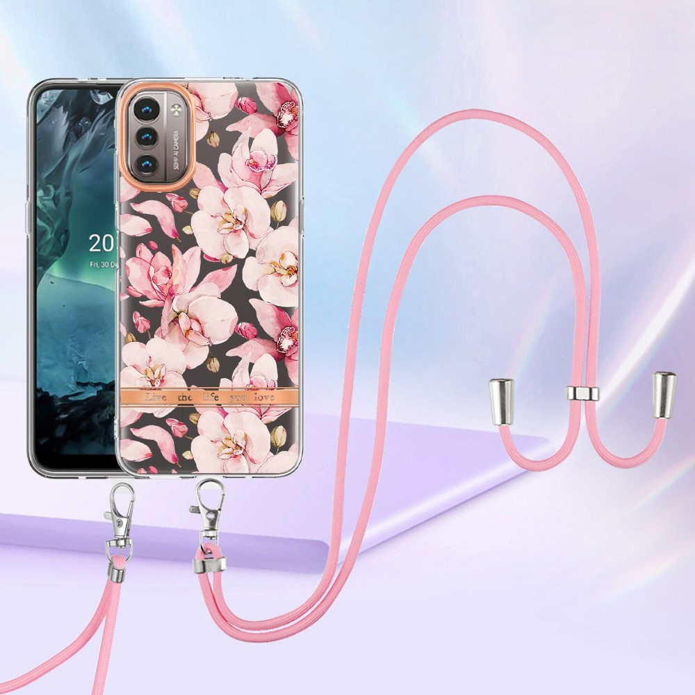 Nokia G11 / G21 Gummi Case Hülle Galvanisierter Rahmen   Necklace Handykette mit Einlage - Rosa Blume