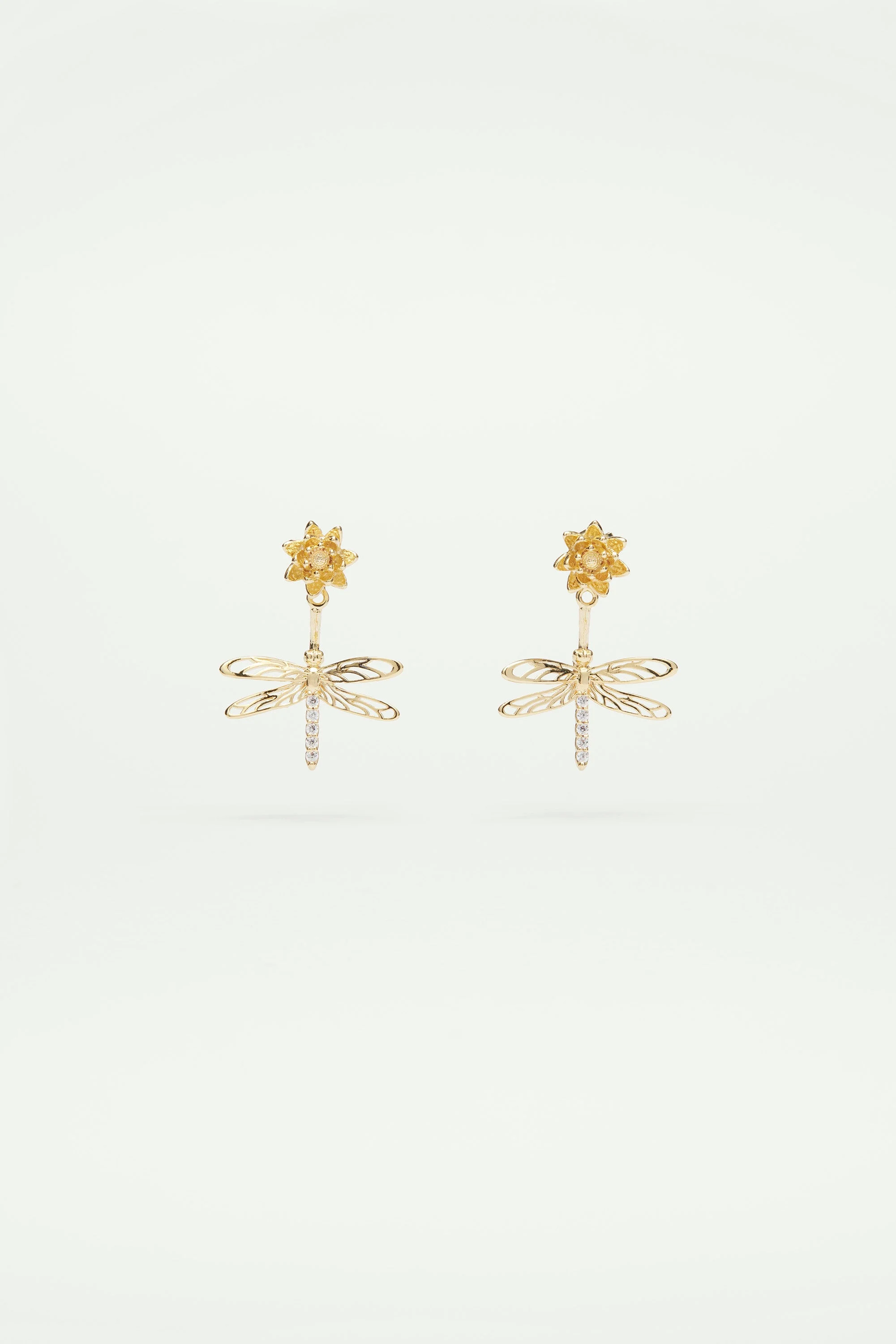 Boucles d'oreilles tiges pendantes libellule, fleur et cristaux | Jaune