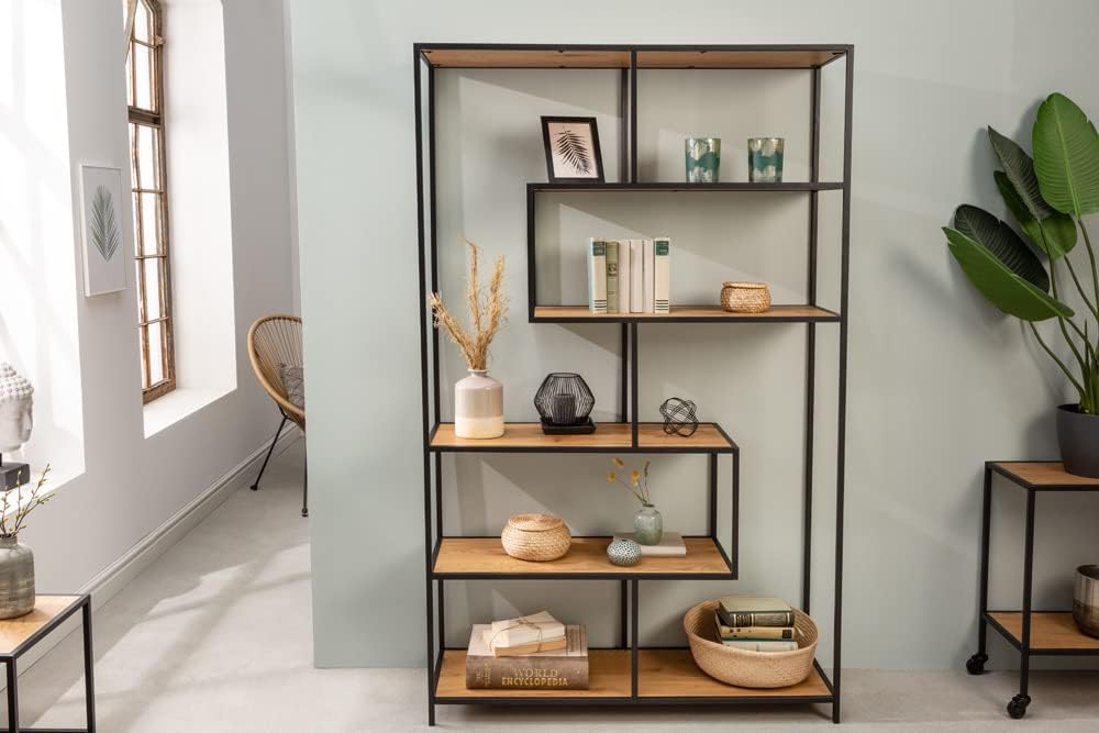 Riess Ambiente Industrial Bücherregal Slim LINE 185cm Wildeiche schwarz sechs Regalböden Standregal Wohnzimmerregal Regal