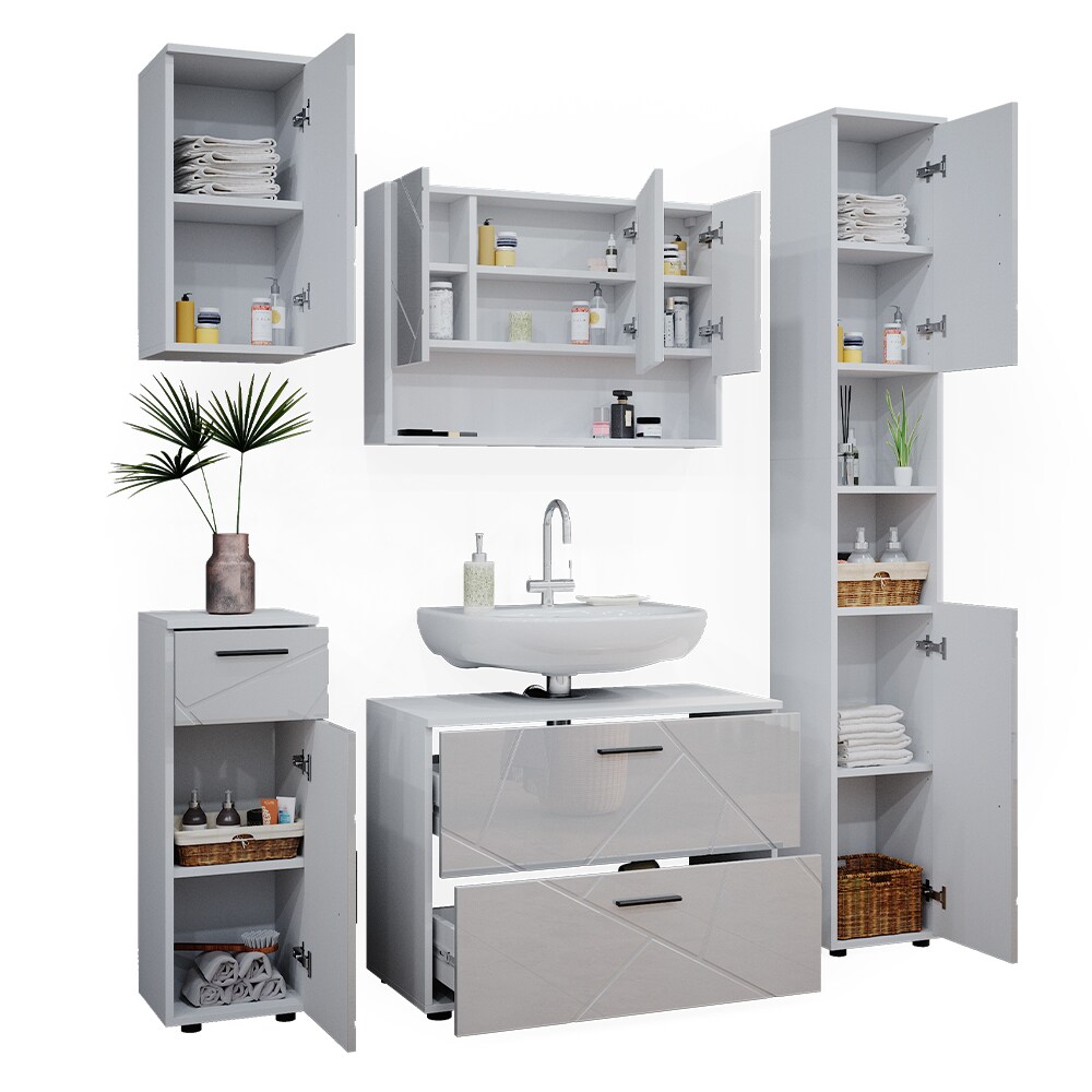 Vicco Badmöbelset Irma Weiß Hochglanz modern 80 cm 30 cm Badezimmerschrank Badschrank Badezimmermöbel Waschtischunterschrank Spiegelschrank Hochschrank Midischrank Hängeschrank Tür Schublade