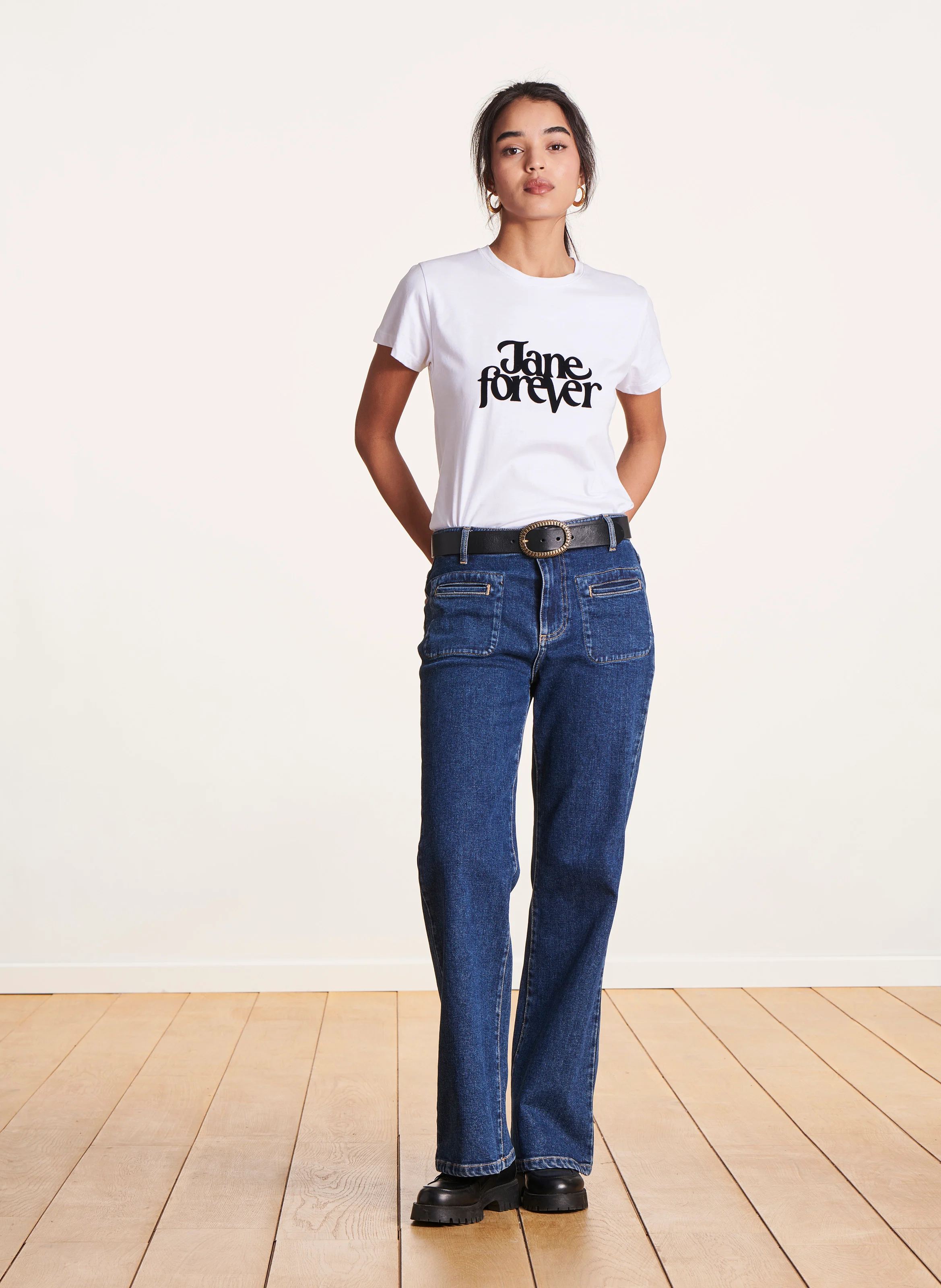 Jean bootcut taille haute en coton mélangé| Bleu