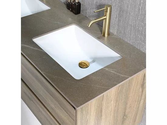 Meuble salle de bain double vasque 120cm bois et effet marbre marron avec miroir LED LB-8475M-120