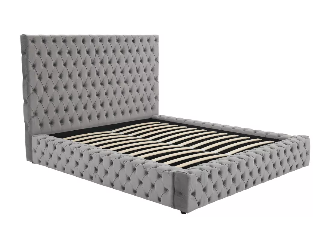 Lit coffre chesterfield 160 x 200 cm - Velours - Gris + Matelas - DULENI