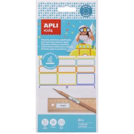 Etiquette apli adhesives plastifiees 3 tailles         differentes coloris assortis  pochette 35 unites