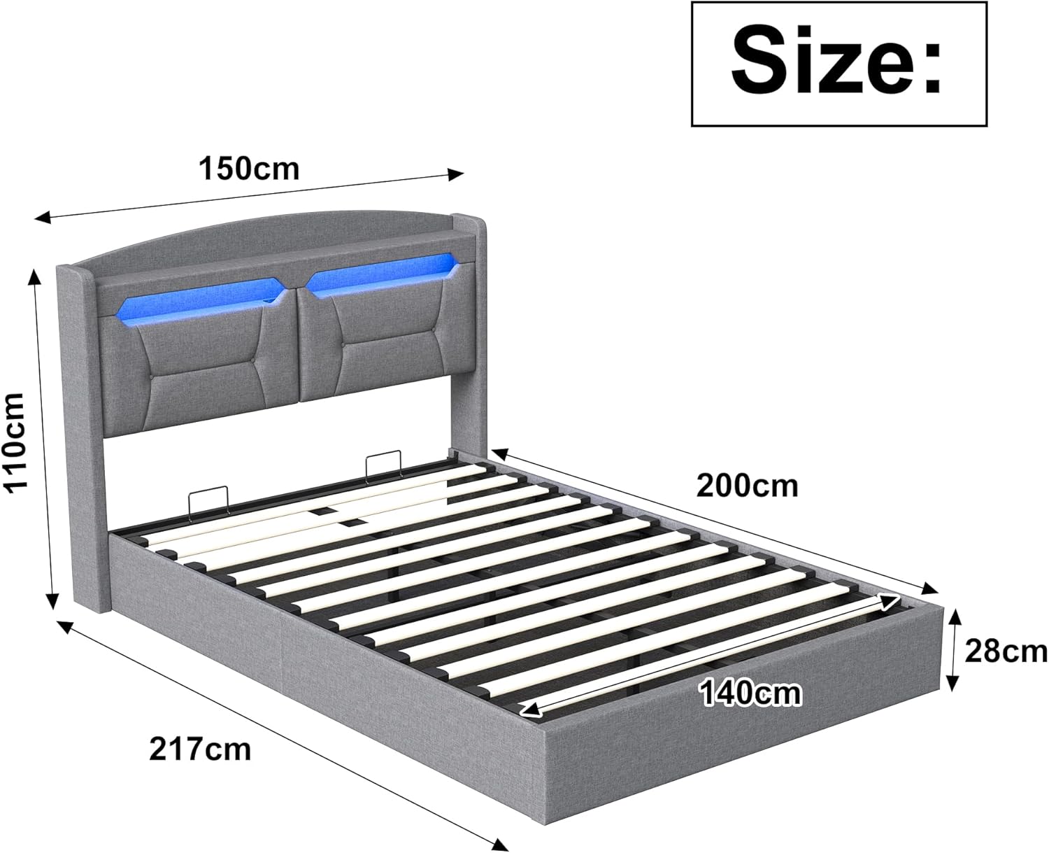 Polsterbett Doppelbett 140x200, LED Jugendbett Hydraulisch Bett mit Stauraum, LED-Kopfteil mit USB Typ-C & Staufach, Boxspringbett Bettgestell mit Lattenrost, Linen, Hellgrau, Ohne Matratze