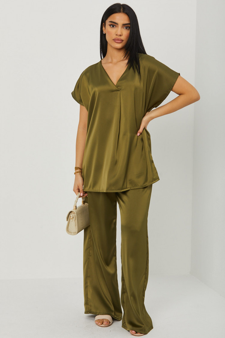 Ensemble 2 pièces blouse + pantalon satiné kaki
