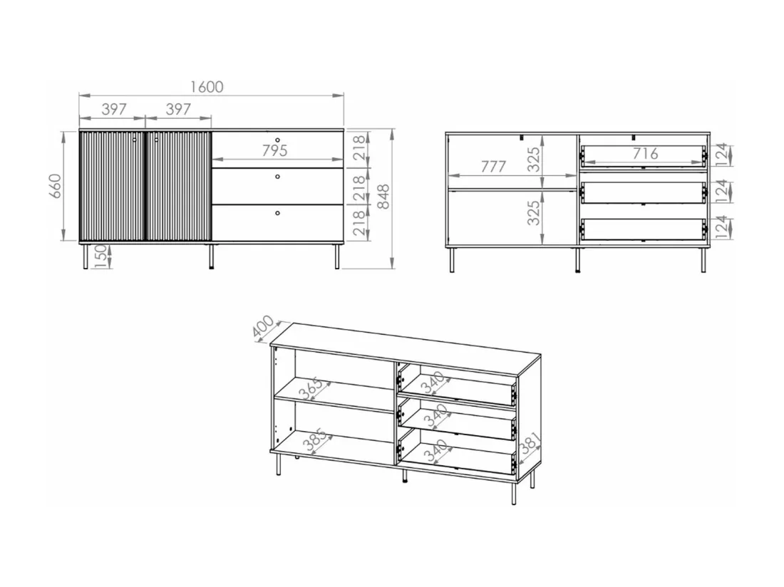 Buffet 2 portes - 3 tiroirs - 160 cm - beige - CALETTO