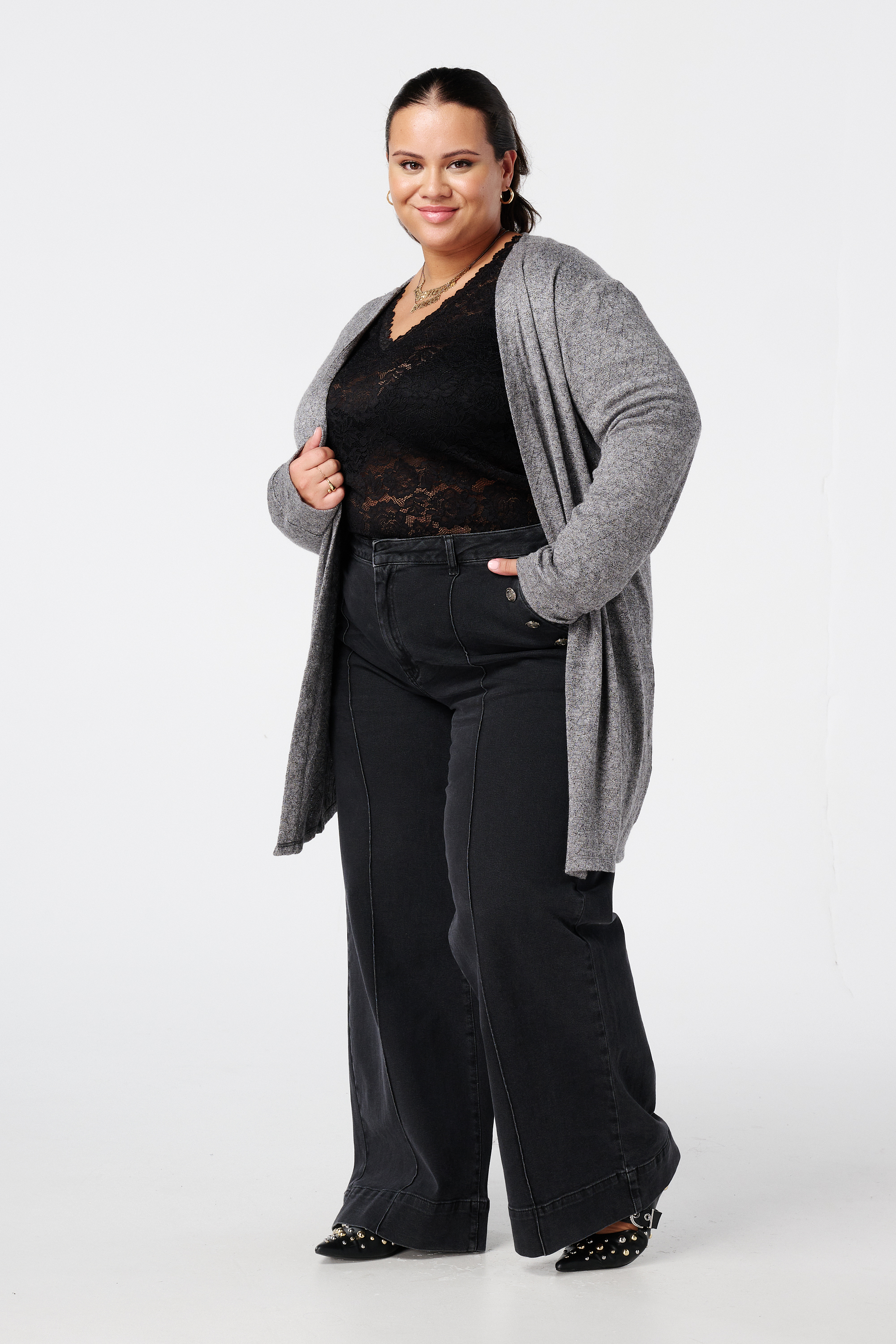 Vest met structuur en glitterdetail dark grey melange