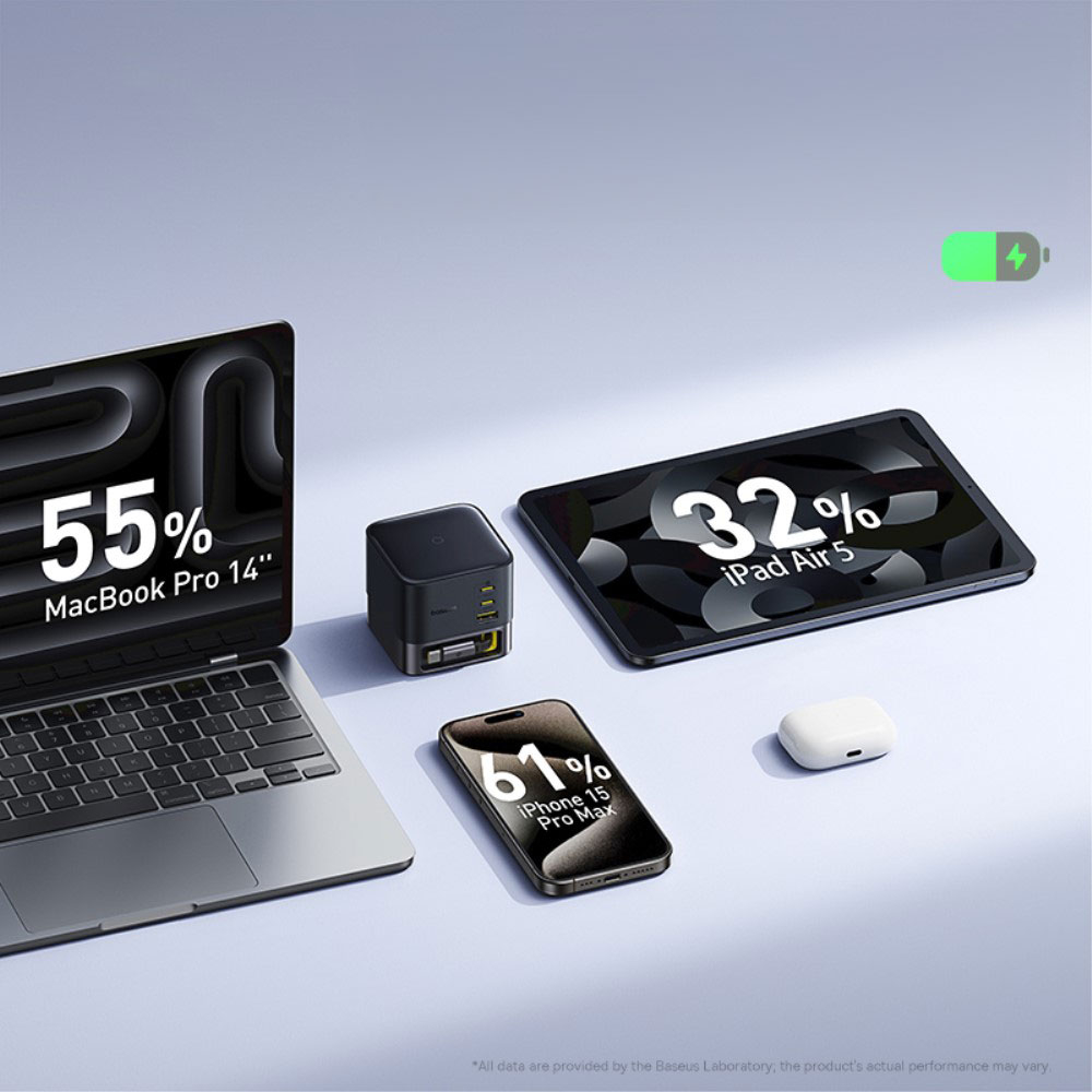 (100W) 4in1 3x USB C / 1x USB A Super GaN Ladegerät Netzteil mit ausziehbarem Ladekabel Power Delivery   (1.2m) Netzkabel - Schwarz