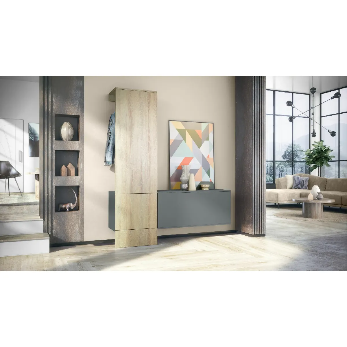 MPC Vestiaire - Gris et aspect chêne - 156.5 x 193 x 35 cm
