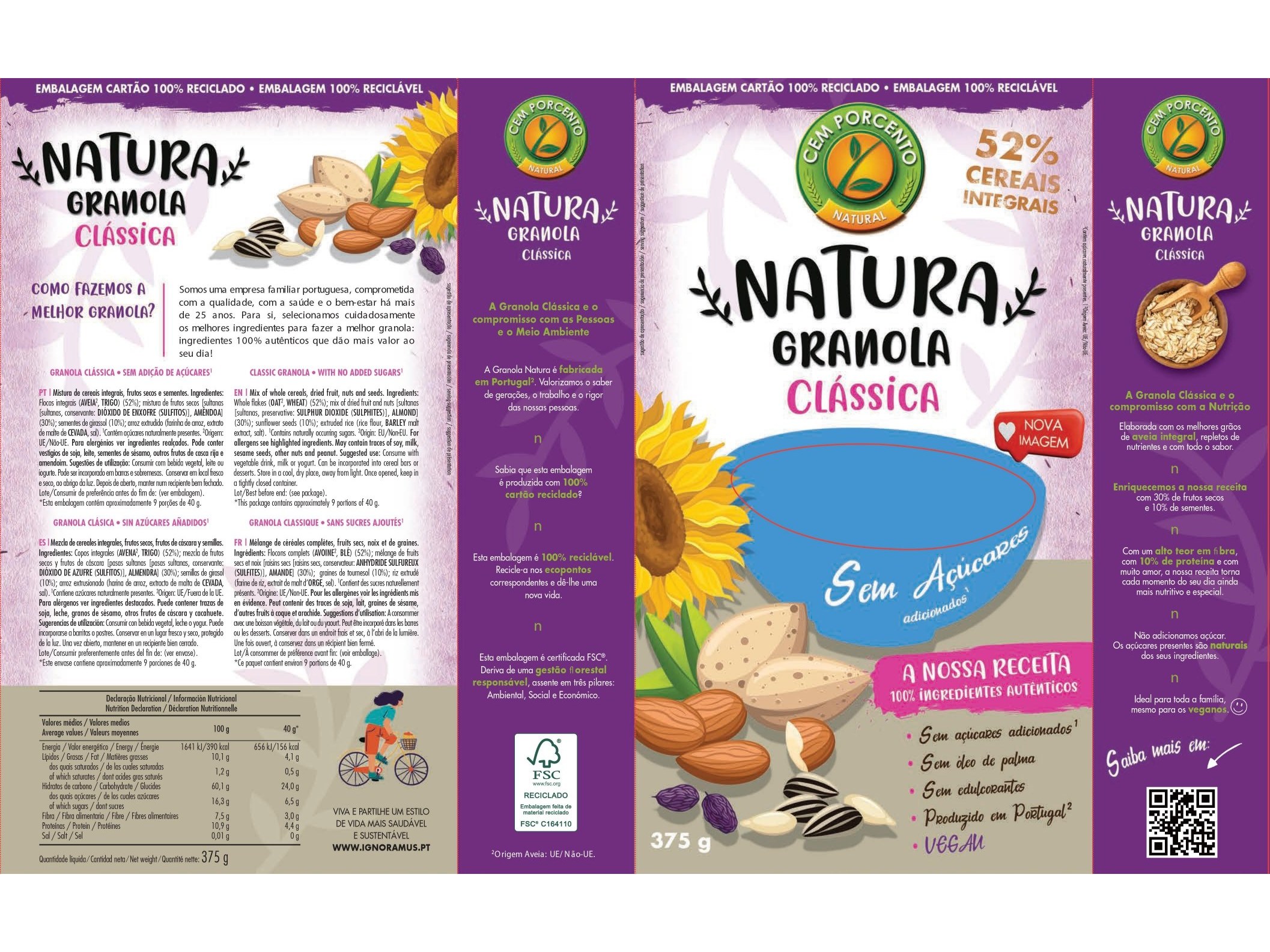 GRANOLA CEM PORCENTO CLÁSSICA SEM AÇÚCAR 375 G