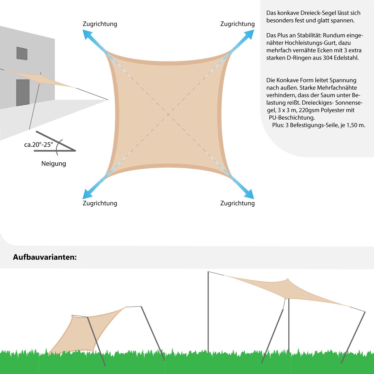 UPF50+ Sonnensegel 3x3 Polyester Quadratisch Wasserabweisend Garten Balkon Beige