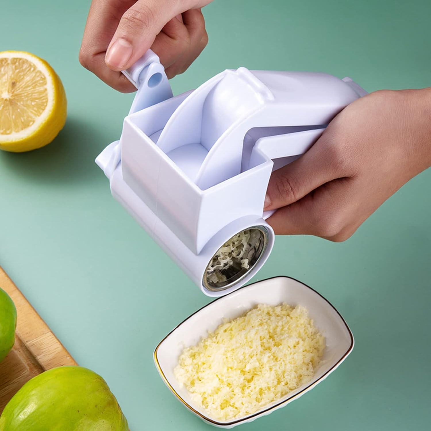(27x6cm) 3in1 Käse Reibe Küchen Raspel Hobel mit Handkurbel Trommel für Parmesan / Schokolade / Nüsse - Weiss