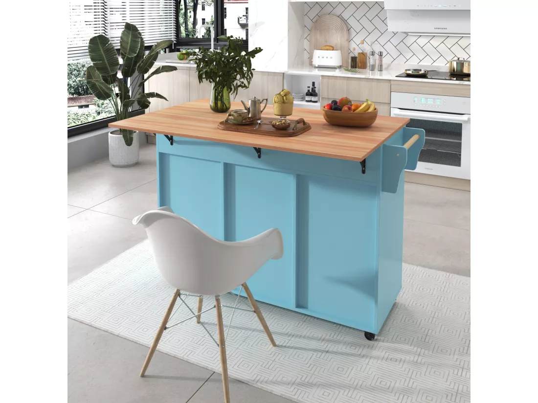 Ilot central de cuisine avec 2 tiroirs - Plateau extensible - pieds en roulettes ou en bois massif - Bleu Ciel