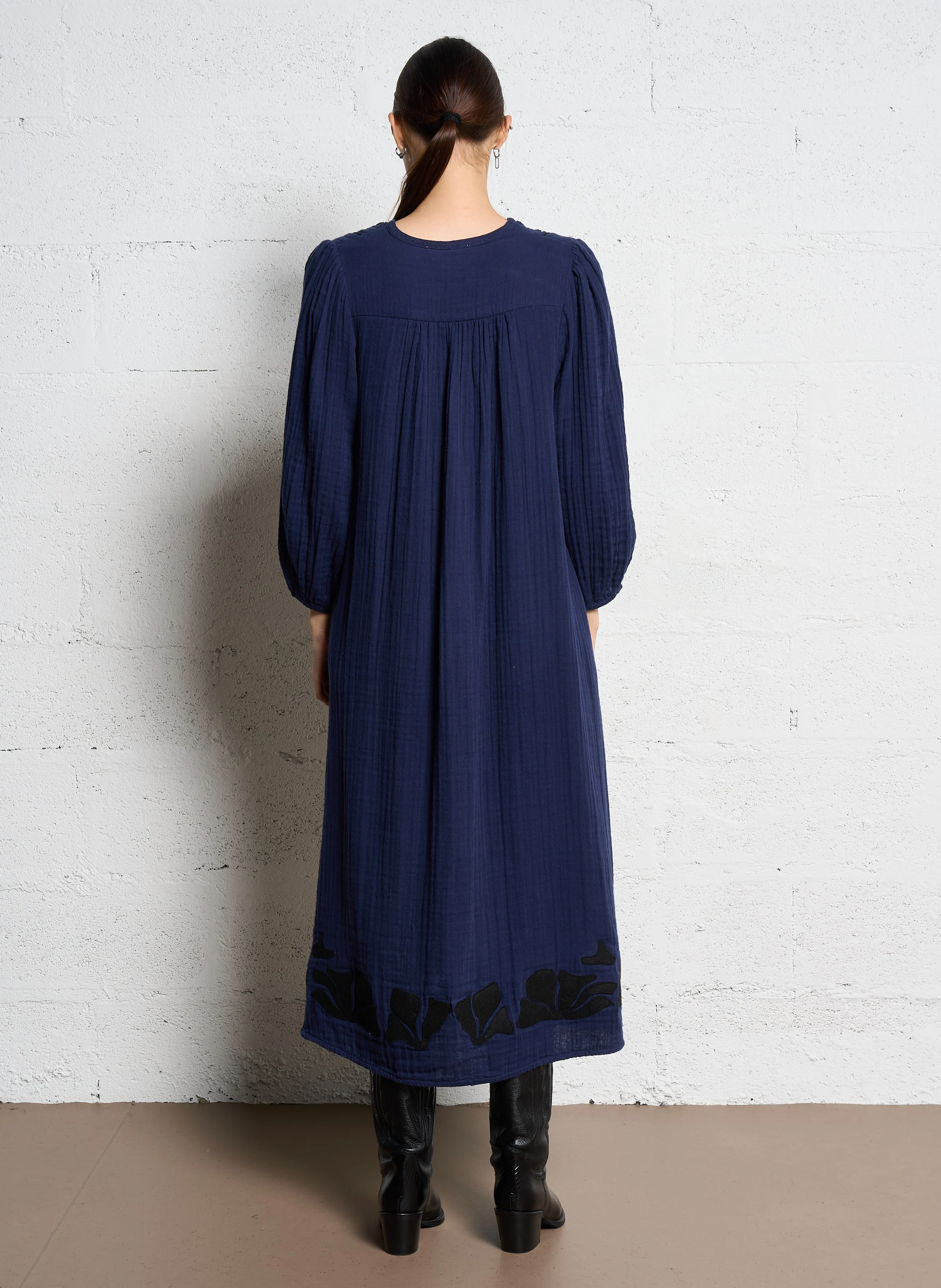 ROMAINE - Robe longue col V en coton | Bleu