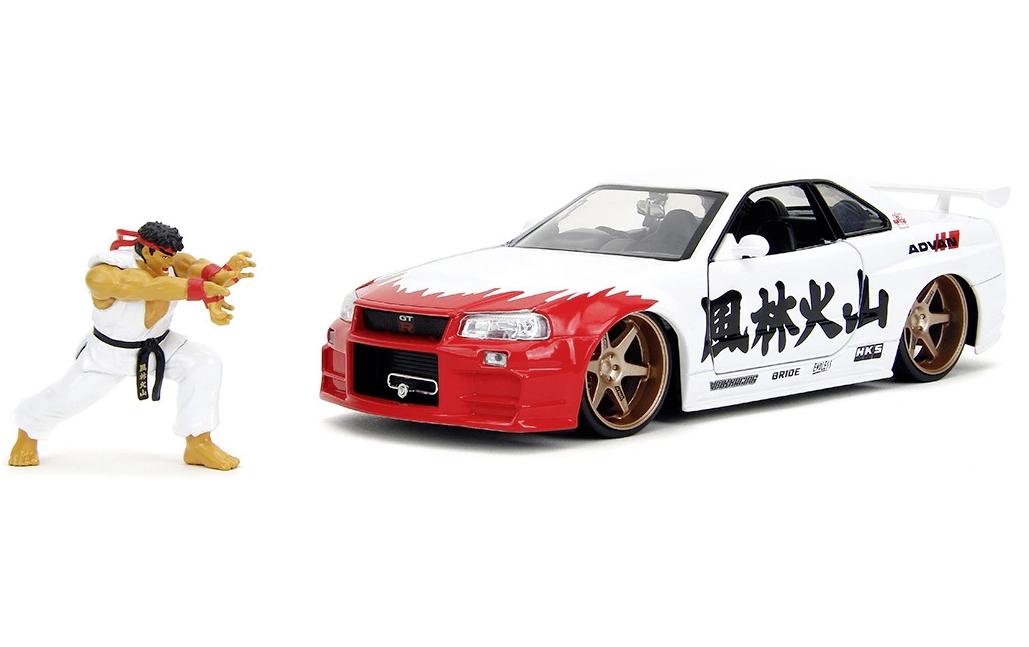 Street Fighter Nissan Skyline GTR 1:24Street Fighter Figur Ryu & 2002er Nissan Skyline GT-R