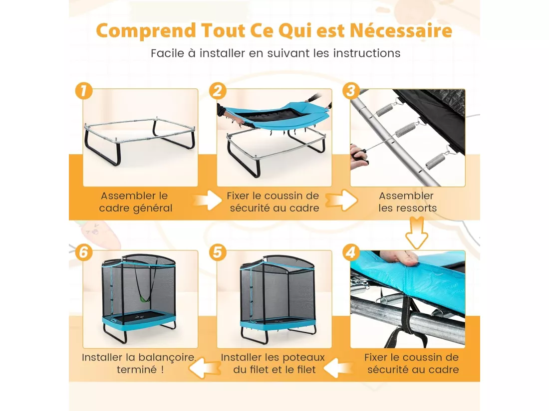 2 en 1 Trampoline Extérieur Enfants Rectangulair (190x122cm) avec Balançoire Amovible, Trampoline de Jardin avec Filet de Sécurité, Charge Max 100kg pour Garçon et Fille de 3 Ans+ (Bleu)