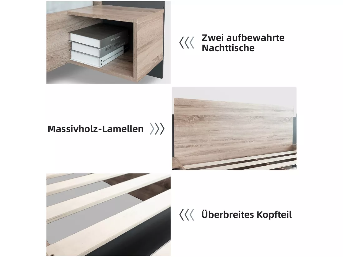 Ensemble lit avec chevets 160 x 200 cm + Sommier - bois massif - Coloris : Naturel et anthracite