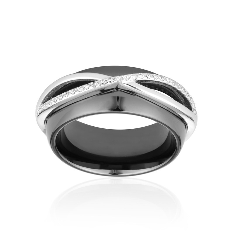 Bague en Céramique Noir, Argent et Cristaux Cubic Zirconia