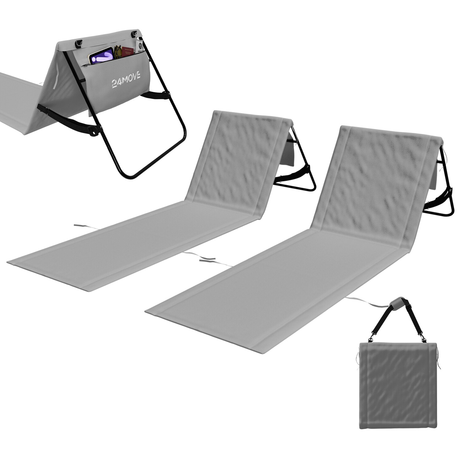 24MOVE® Strandmatte 2er Set klappbar mit Rückenlehne, Strandliege mit Gurt, tragbar für Strand und Garten, Liegematte grau
