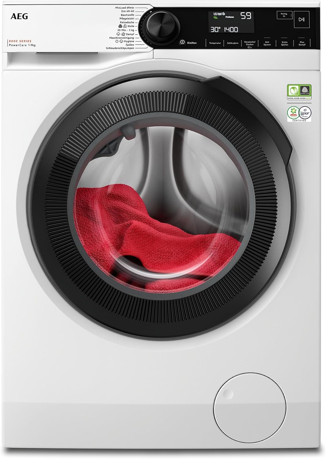 AEG Waschmaschine 9kg Serie 8000 PowerCare - Faserschonend Sauber in nur 59 Min. bei 30°C, A-10%, Dampf-Programm – Weniger Bügeln, Nachlegefunktion, Energiesparend, Wasserstopp 1400 U/min, LR8AMZ49FL