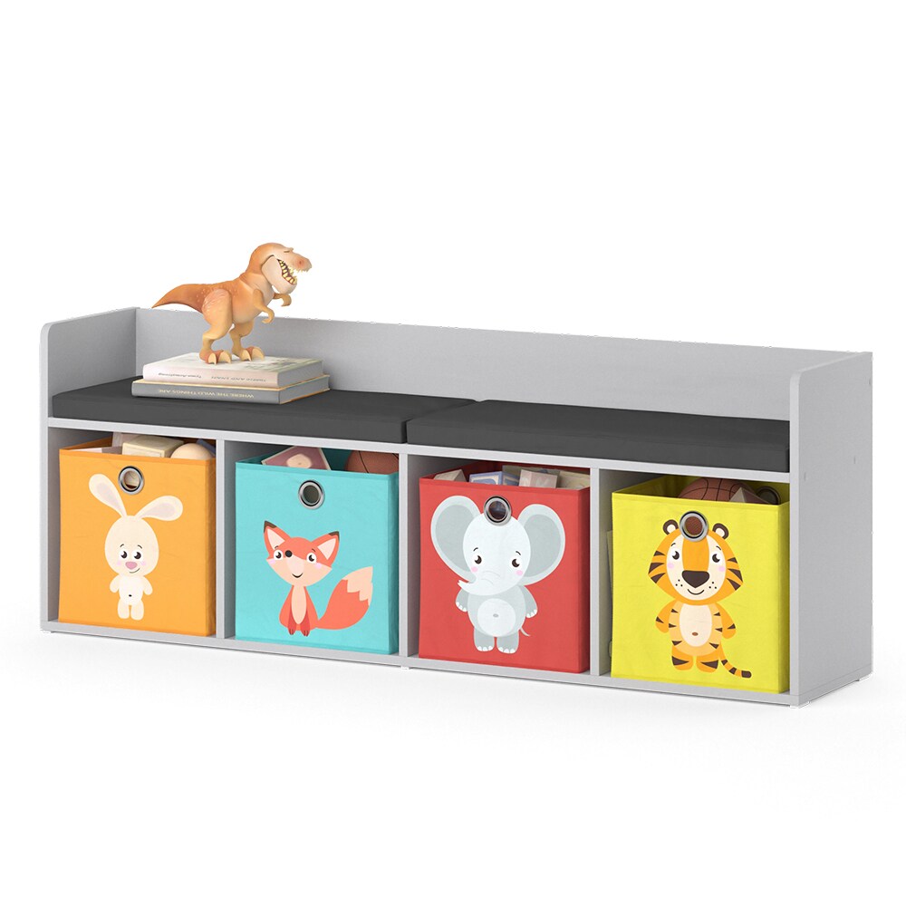 Vicco Sitzbank Kinderzimmerbank Kinderregal Luigi Hellgrau 142x53 cm modern Faltbox Kinderzimmer Regal Aufbewahrungsregal Bücherregal Lesebank Spielzeugaufbewahrung Organizer Regal-Bank-Kombi 4 Fächer
