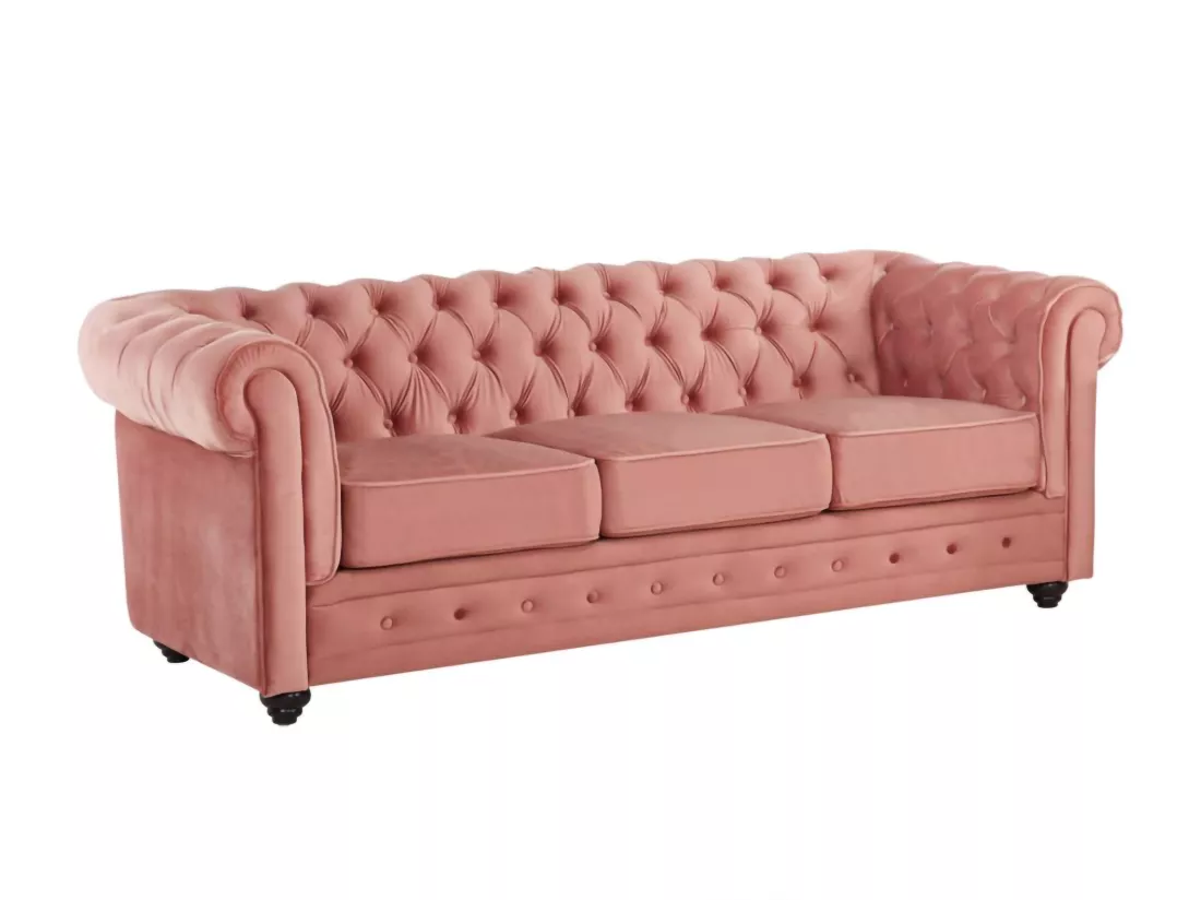 Canapé 3 places CHESTERFIELD - Velours rose pastel