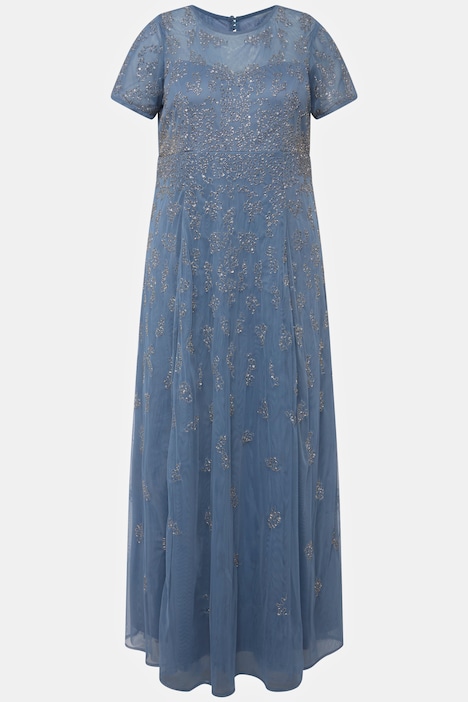 Meshkleid, Perlenstickerei, Rundhals, Halbarm