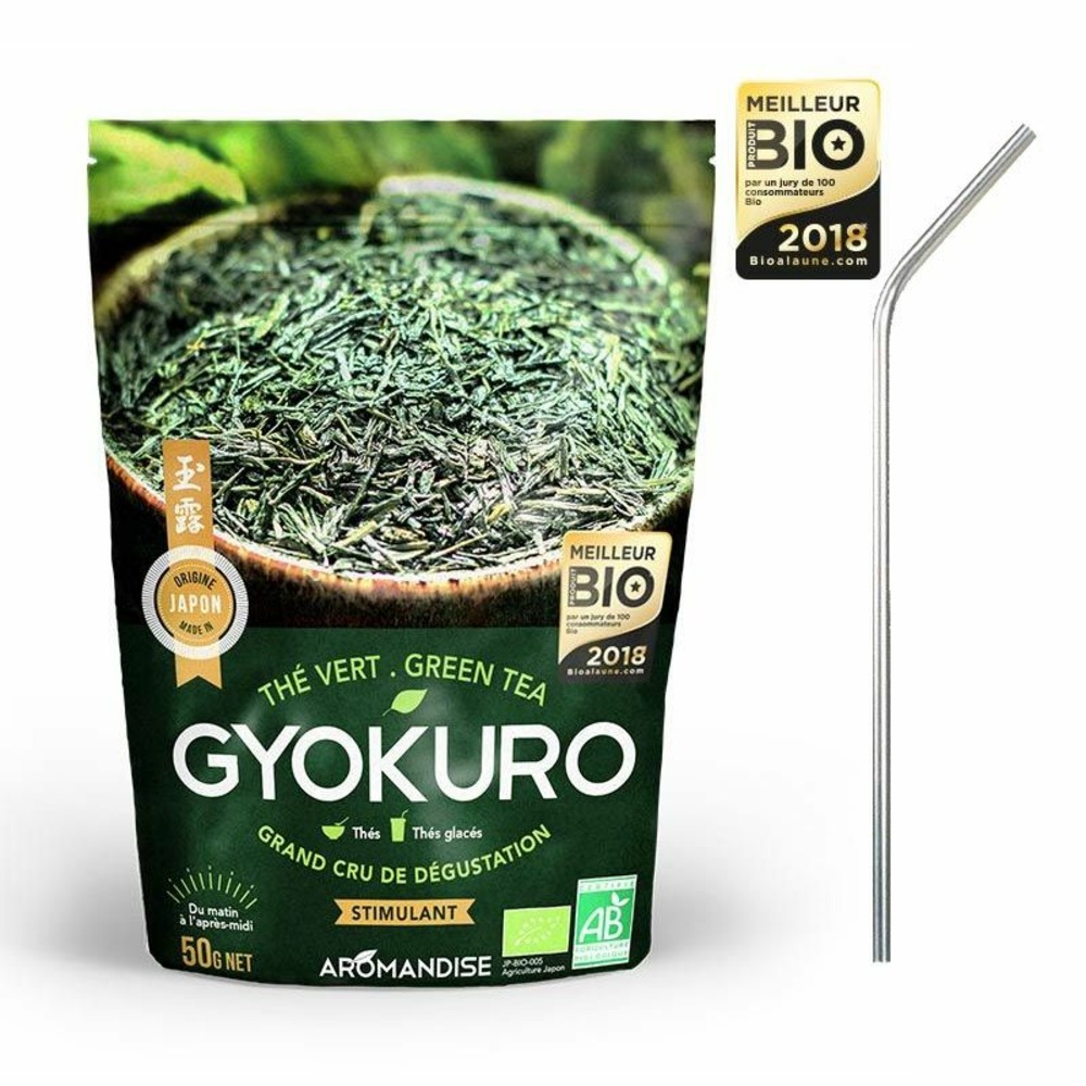 Thé vert gyokuro 50 g + 4 pailles en inox
