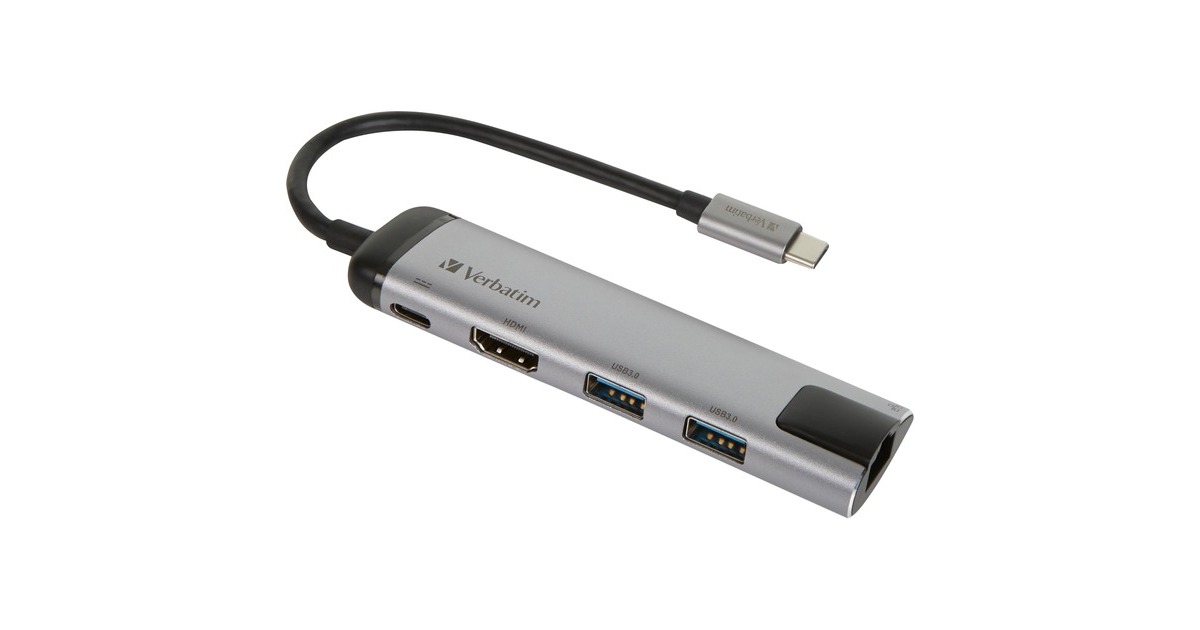VerbatimUSB 3.2 Gen 1 multiport hub, USB-C > 2x USB-A + USB-C + HDMI + RJ-45 usb-hub  (Zilver/zwart, PD, opladen tot 100 watt)