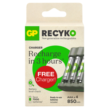 GP ReCyko oplaadbare batterijen AAA 850 mAh 4 stuks   gratis lader