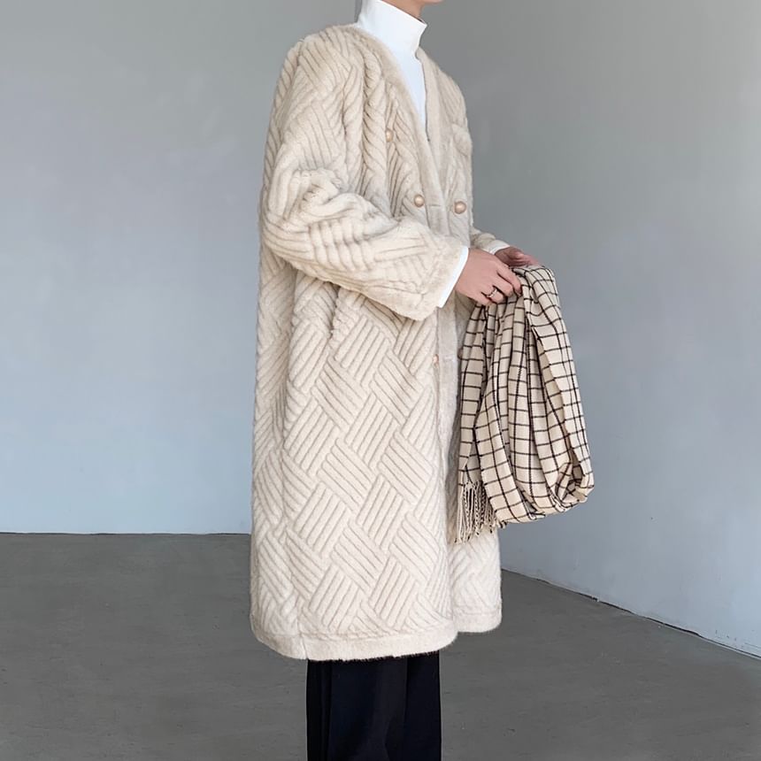 Freehop - V-hals effen fleece midi-dubbelrijsjas