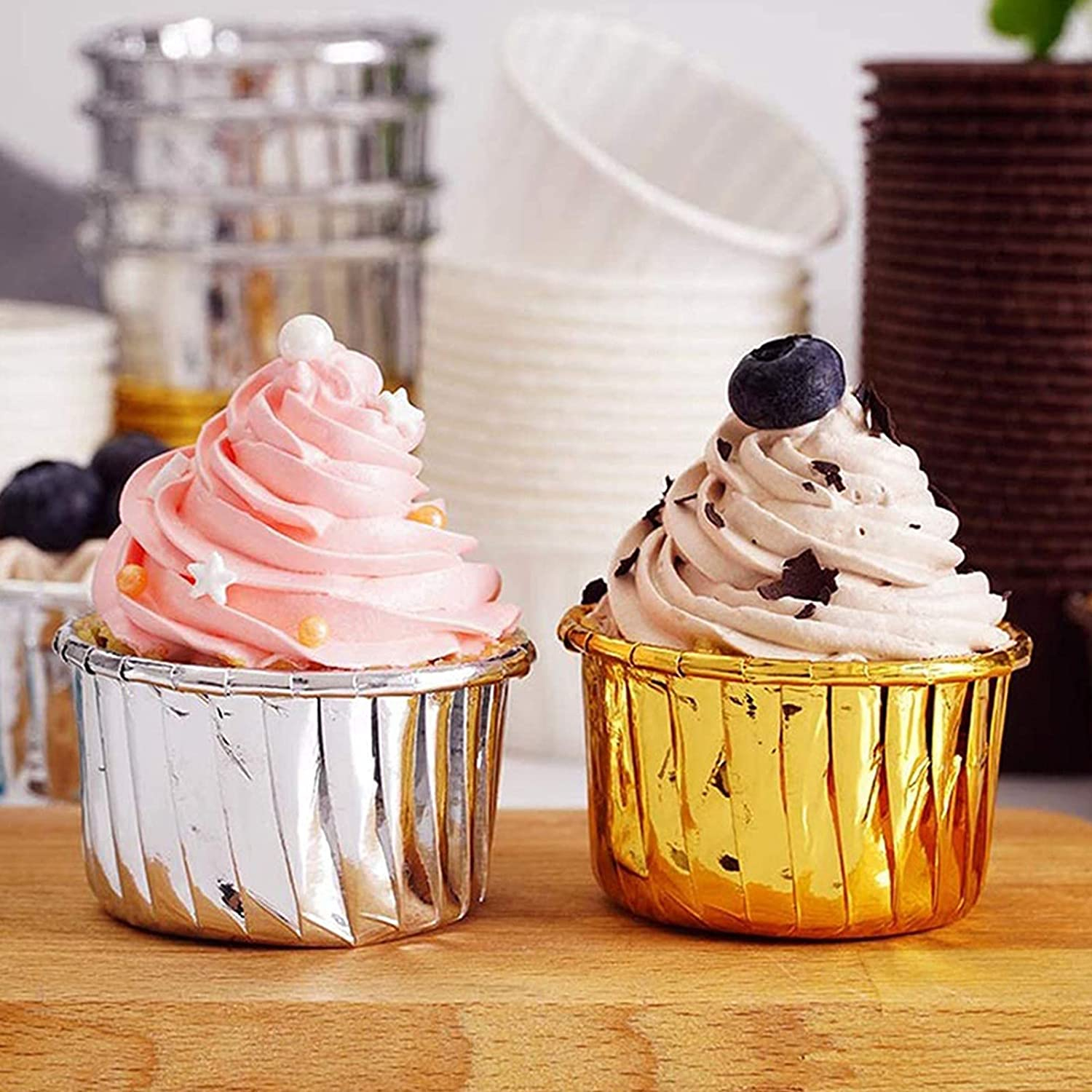 (50er Set) Mini Einweg Cupcake Förmchen Muffin Form Aluminiumfolie Backform - Gold