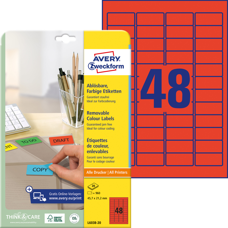 Avery Zweckform Etiketten wiederablösbar, L6038_20, 45.7 x 21.2 mm, 20 Blatt