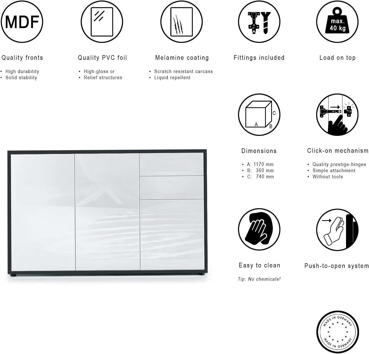 Vladon Sideboard Ben V3, Kommode mit 3 Türen und 2 Schubladen, Schwarz matt/Weiß Hochglanz (117 x 74 x 36 cm)
