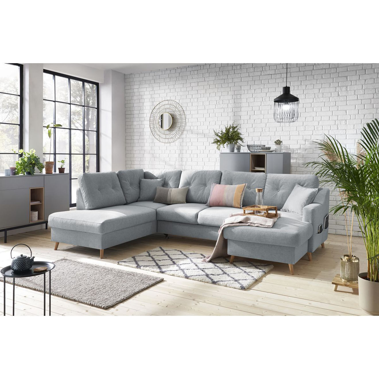 Bobochic Canapé d'angle panoramique convertible droit Sweden gris clair - 300x149/90/198x95 cm
