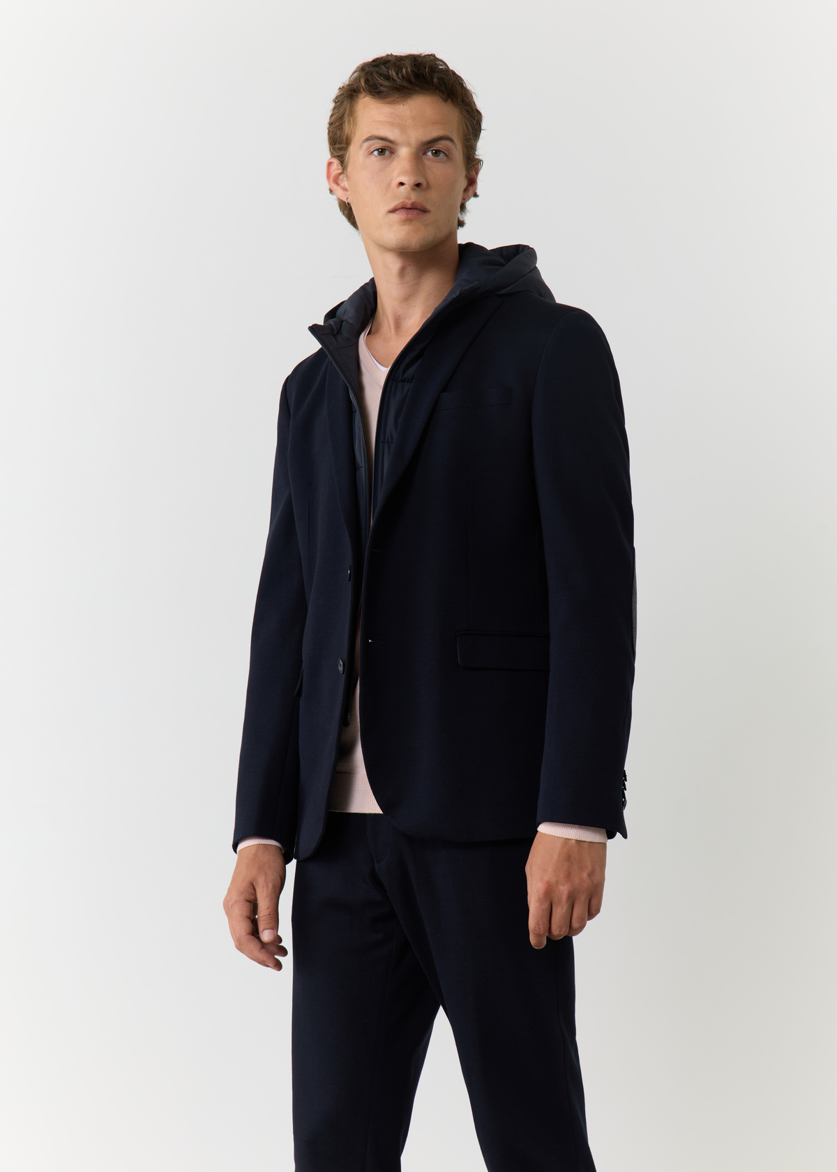 Veste coordonnable Regular en coton mélangé uni bleu marine à capuche amovible