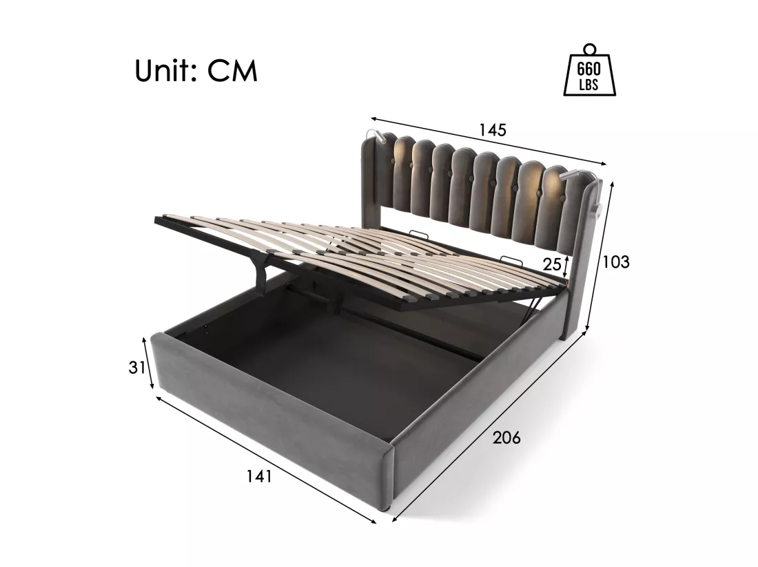 Lit coffre capitonné avec LED et Ports de charge USB - 140x200cm - tissu en velours - avec sommier à lattes - Gris